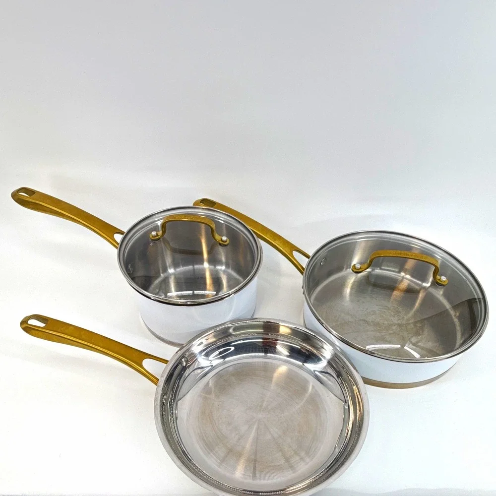 Cuisinart High Impact Bonded Base Induction 3-Pc Saucepan Set White/Gold lids